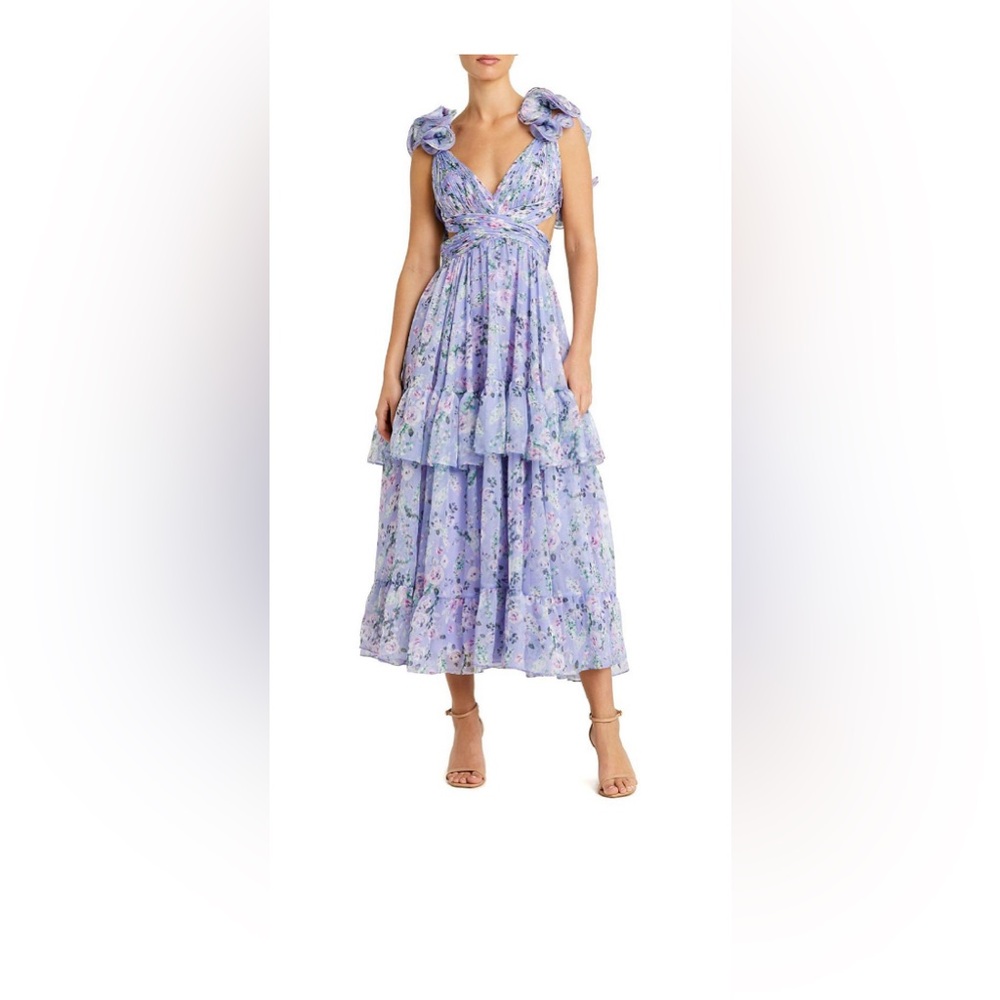 Mac Duggal Ruffle Tiered Cut-Out Floral Chiffon Dress
